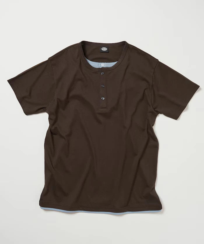 Fake Layered Henry Neck Cut-and-sew Short Sleeve T-shirt [Limited Edition]