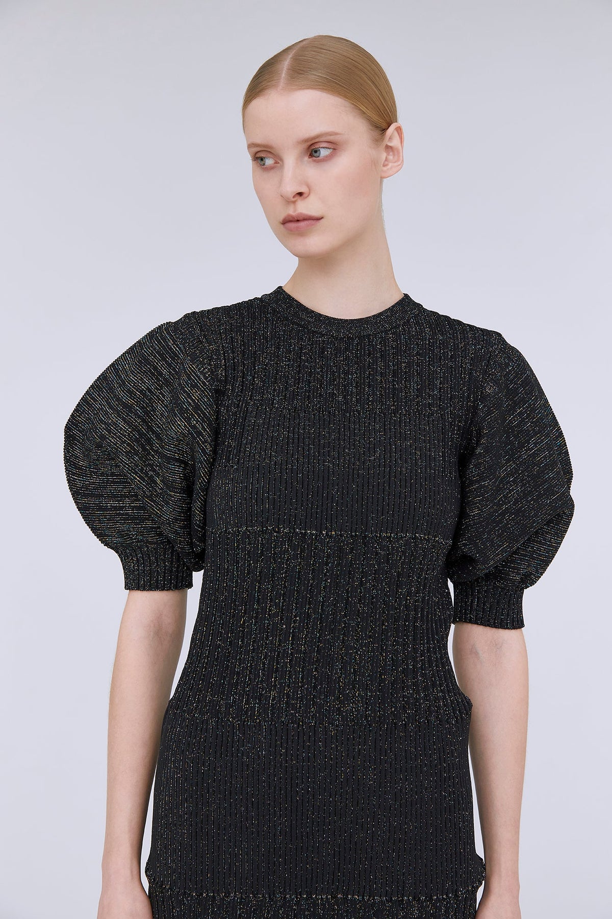 FLUTED GLITTER SHORT PUFF SLEEVE DRESS