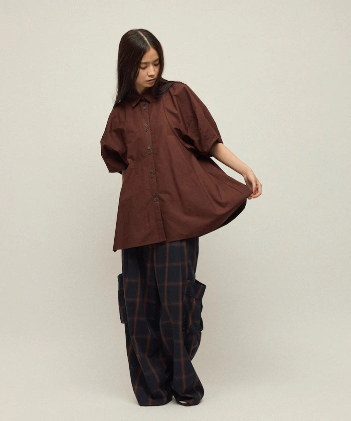 Switching Design Balloon Sleeve Shirt / 5-Minute Sleeve Blouse