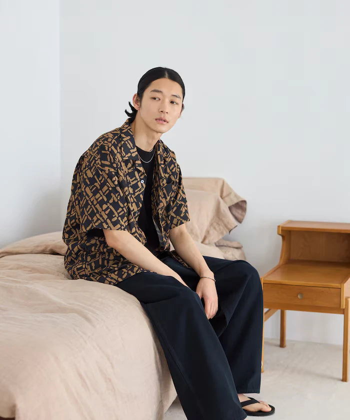 Mesh Open Collar Pattern Short Sleeve Shirt / Allover Design Open Collar Shirt / Big Silhouette