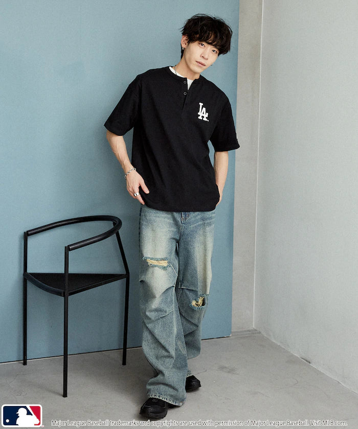 Limited Edition MLB Logo Print Henley Neck Oversized T-Shirt