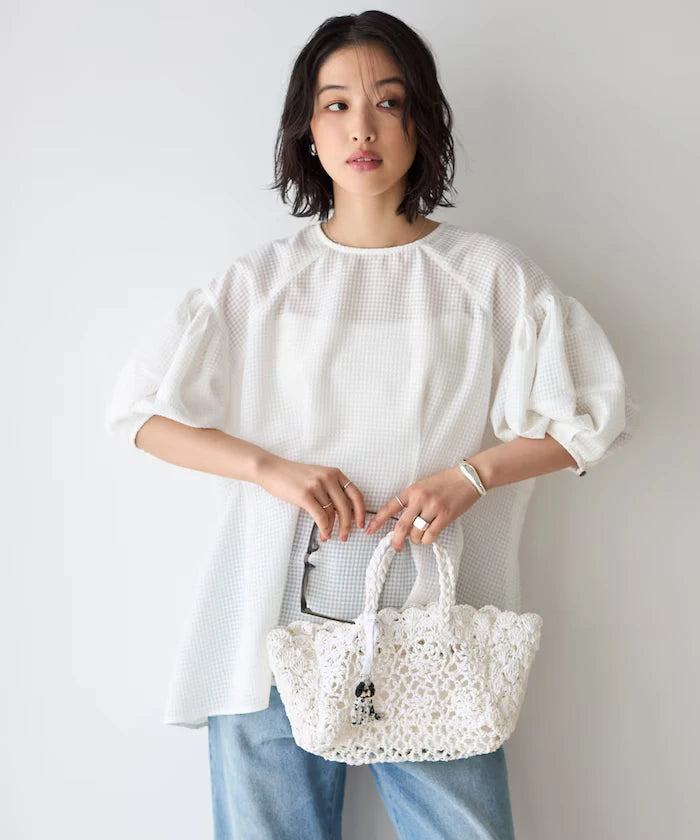 Sheer Check Balloon Sleeve Blouse
