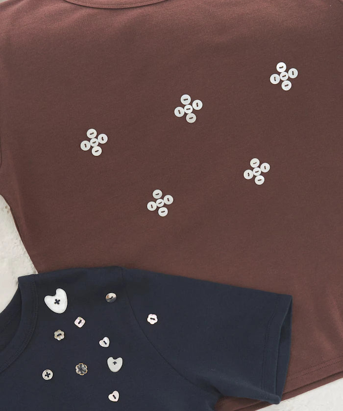 Shell Button Flower Motif Cotton Modal T-Shirt