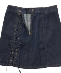 APPLE PANDA Embroidered Side Lace-Up Denim Mini Skirt