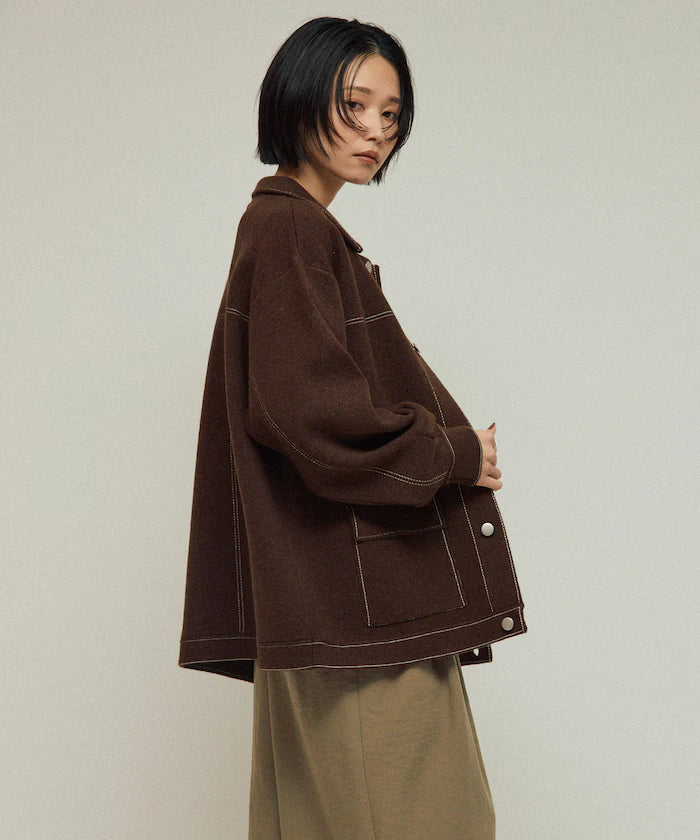 Oversized Wool Blend Knit Coverall / Color Stitch Knit Jacket