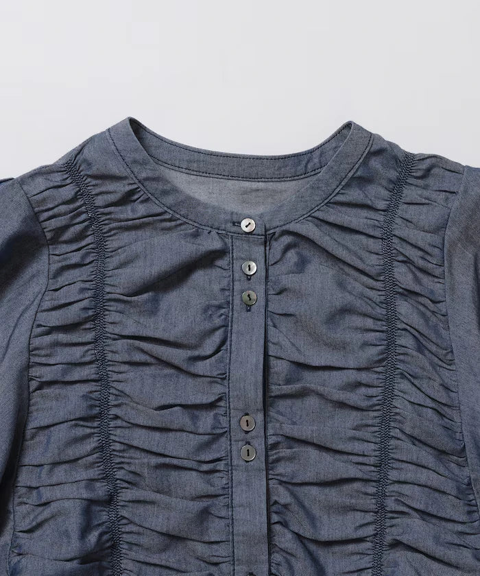 Sheer Shirring Volume Sleeve Blouse / 5 Short Sleeves