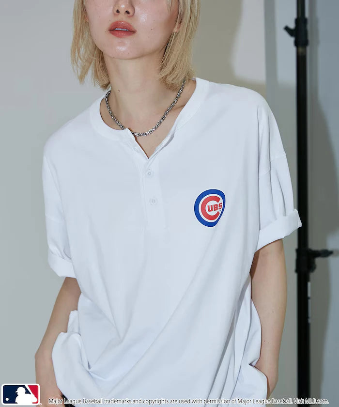 Limited Edition MLB Logo Print Henley Neck Oversized T-Shirt