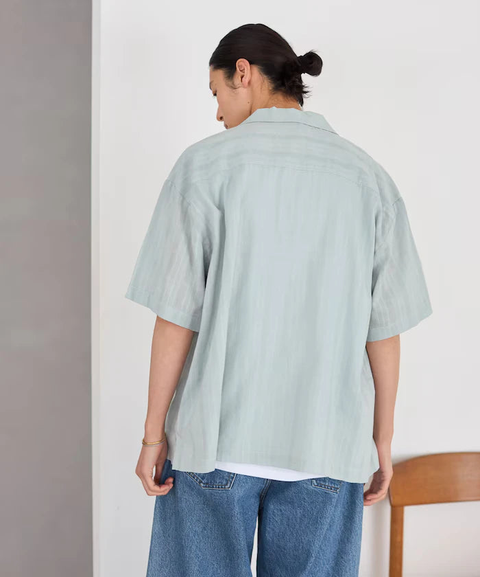 Jacquard Relaxed Fit Open Collar Short Sleeve Shirt Semi-Sheer Dobby Weave