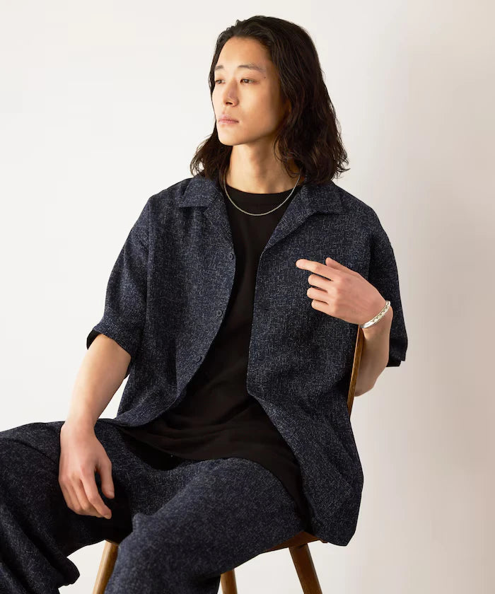 Dry Touch Summer Tweed Short Sleeve Open Collar Shirt
