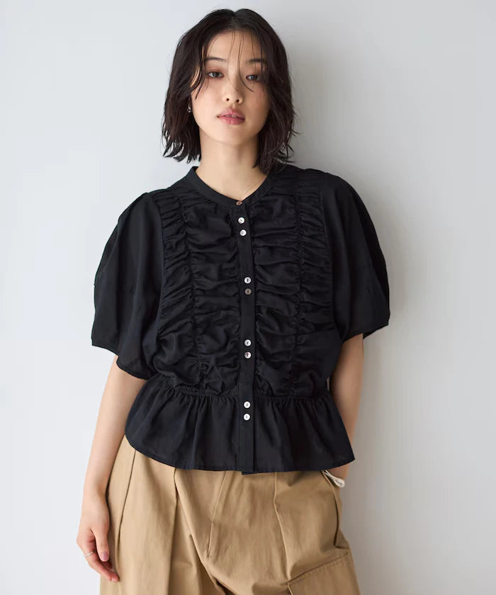 Sheer Shirring Volume Sleeve Blouse / 5 Short Sleeves