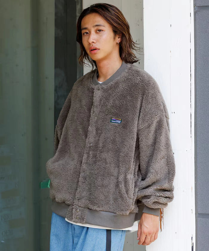 Relaxed Fit Shaggy Fleece Crew Neck Cardigan
