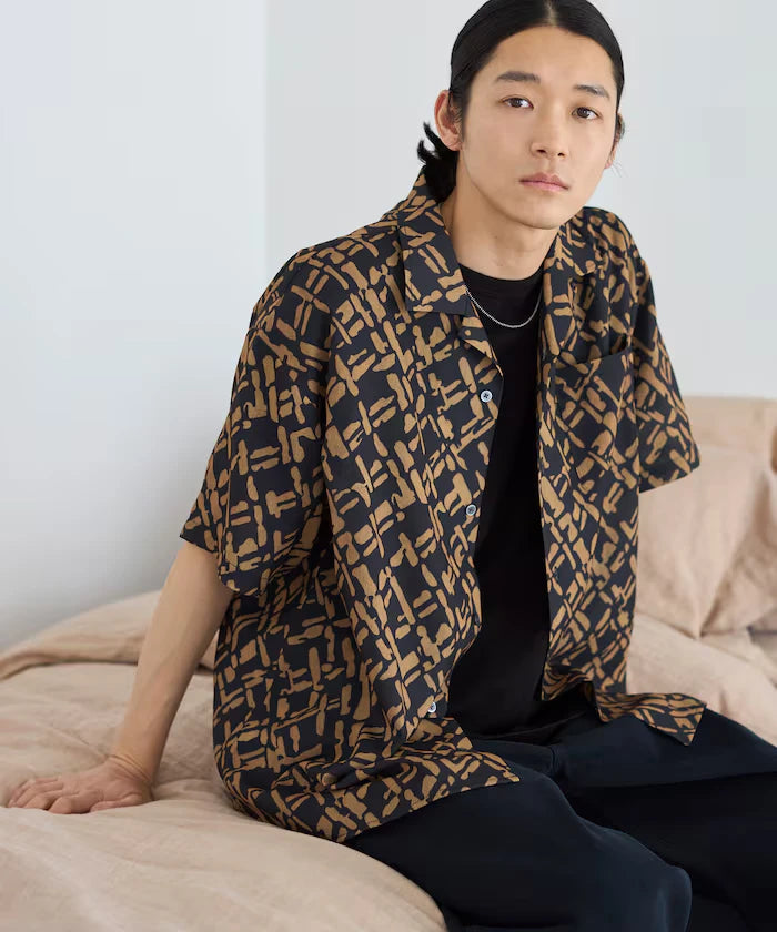 Mesh Open Collar Pattern Short Sleeve Shirt / Allover Design Open Collar Shirt / Big Silhouette