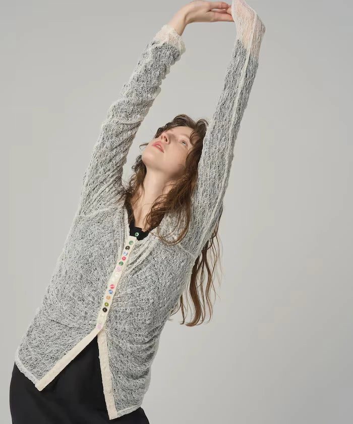 Many Button Lace Shirring Cardigan