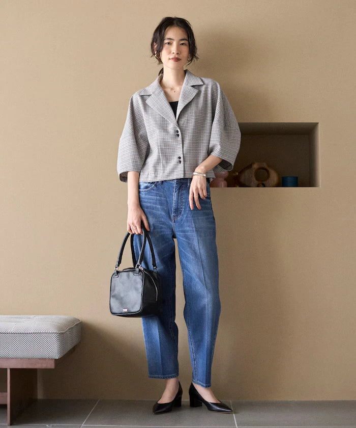 Collar Check Balloon Sleeve Shirt / Compatible with Setup