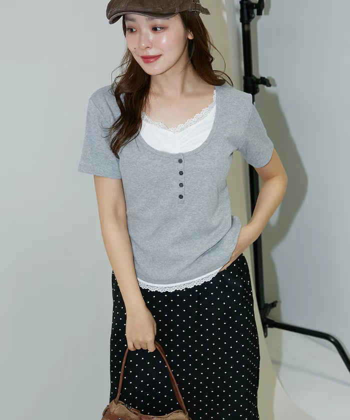 Short Sleeve Lace Layered Style Henley Neck T-Shirt Limited Edition