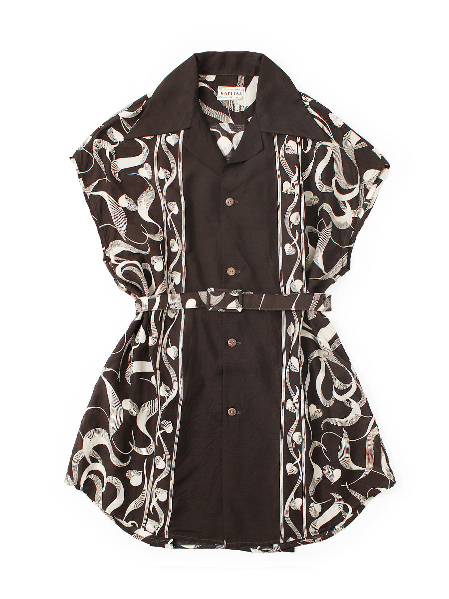 Silk Rayon Okra Pattern French Sleeve Open Collar Shirt