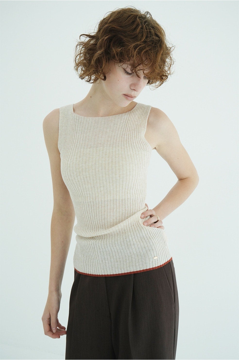 W FACE CONTRAST HEM RIB KNIT TANK TOPS