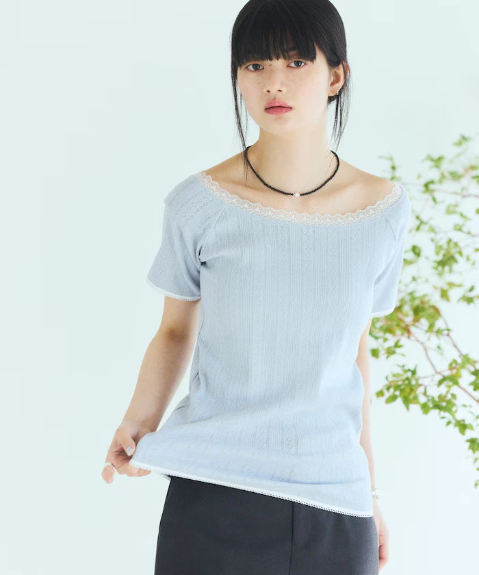 Boat Neck Pullover Knit Lace T-Shirt