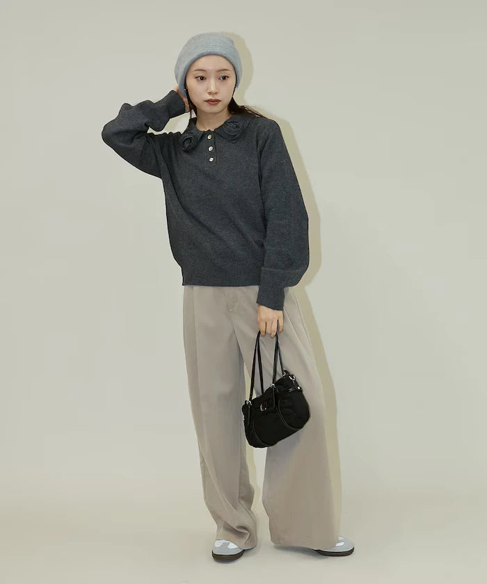Polo knit pullover with flower motif - limited edition