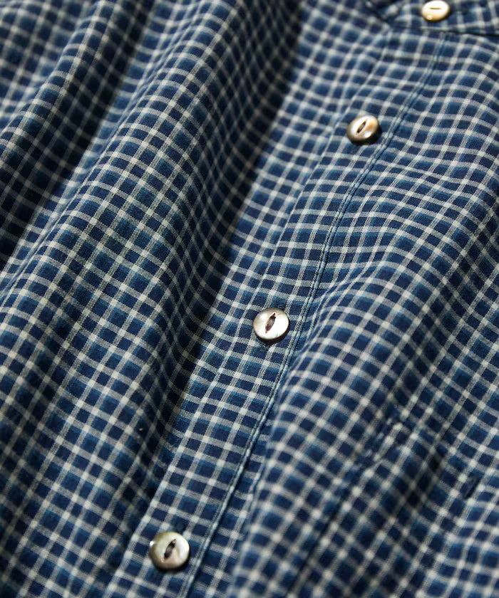 Indigo Madras Check Pullover Stand Collar Shirt