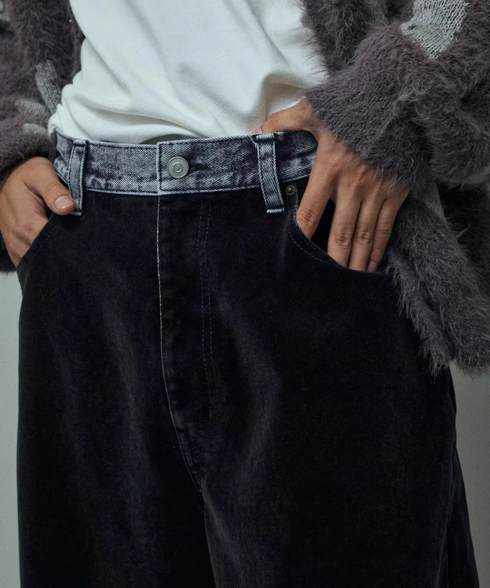 Flocked Denim Contrast Wide Straight Pants