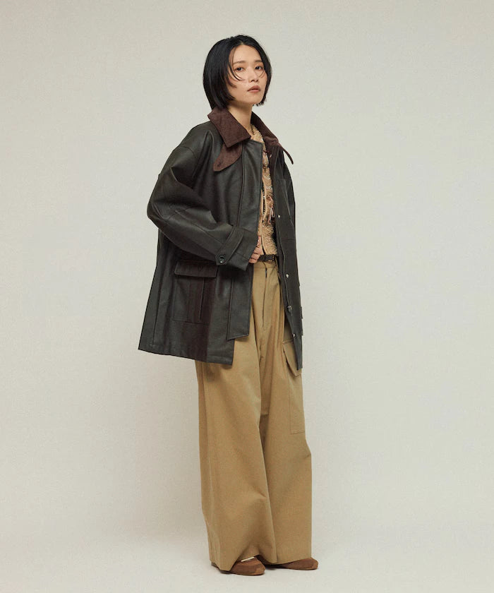 Oversized Crush Leatherette Jacket / Collar Corduroy