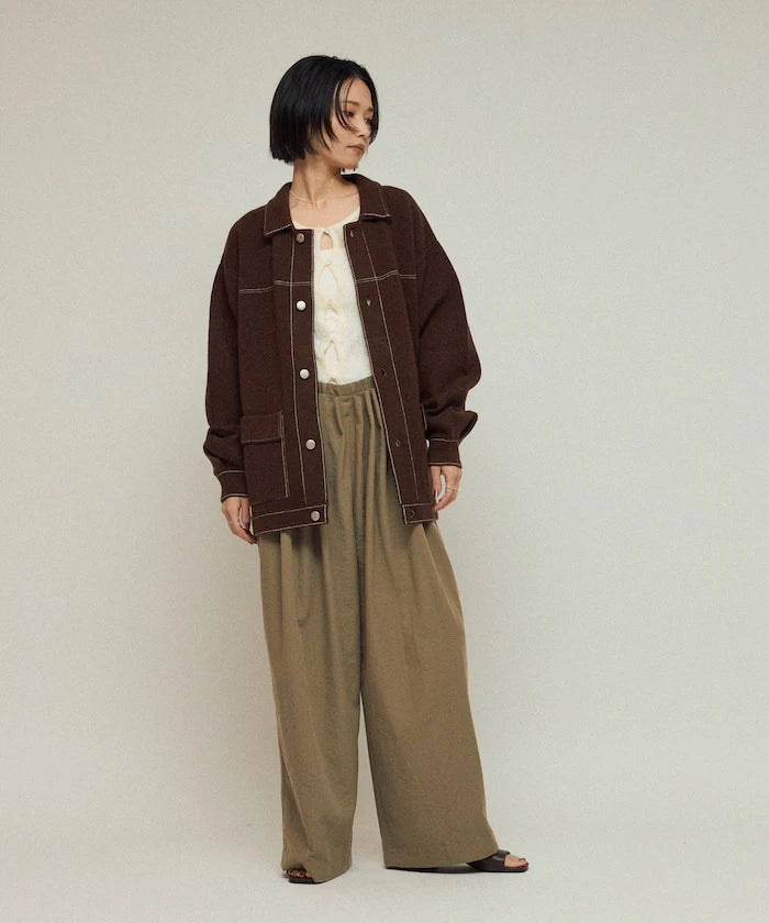 Oversized Wool Blend Knit Coverall / Color Stitch Knit Jacket