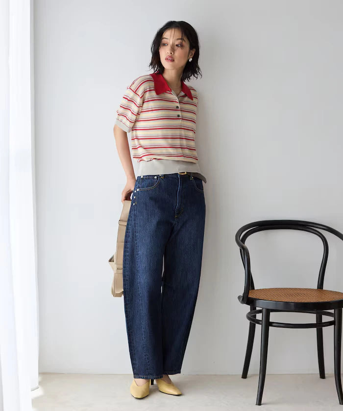 Relaxed Fit Color Design Polo Knit / Bicolor / Multi Stripe