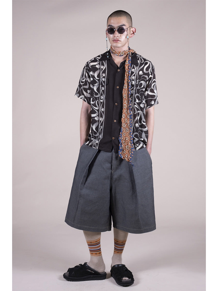 Silk rayon okra pattern short-sleeve open-collar shirt