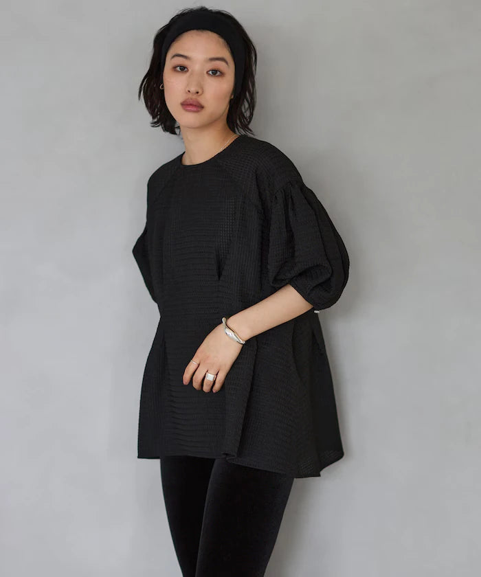 Sheer Check Balloon Sleeve Blouse