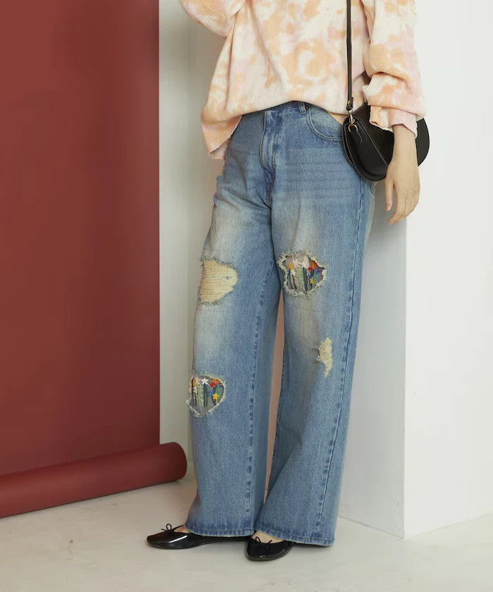 Flower Embroidery Wide Denim