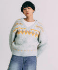 V-neck color block Nordic pattern knit