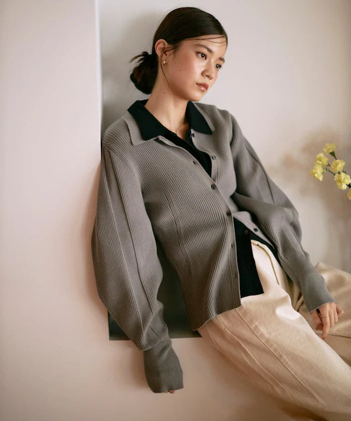 Functional material silk blend knit polo volume sleeve knit cardigan / anti-pill / machine washable