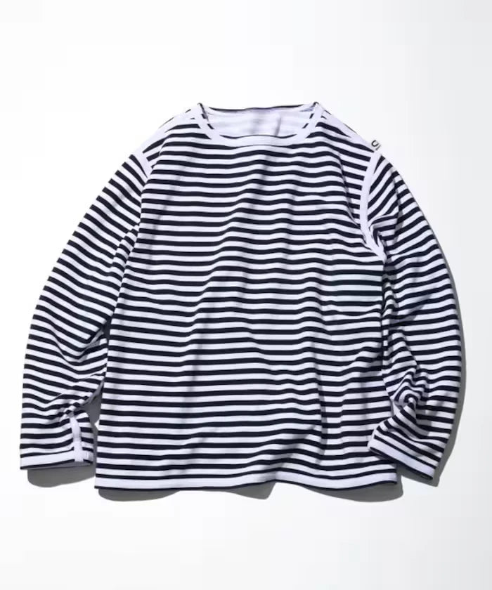Boat Neck Horizontal Stripe french terry Long Sleeve Tee