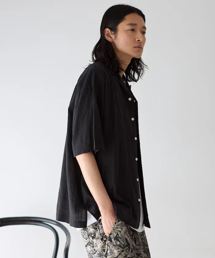 Jacquard Relaxed Fit Open Collar Short Sleeve Shirt Semi-Sheer Dobby Weave