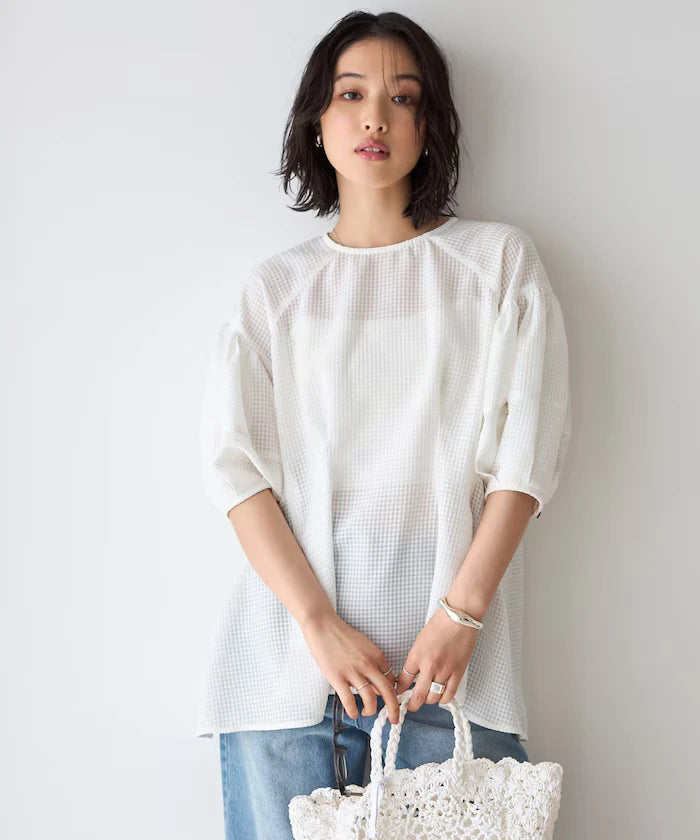 Sheer Check Balloon Sleeve Blouse