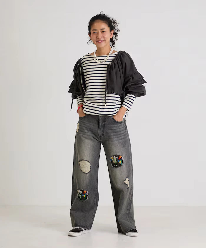 Flower Embroidery Wide Denim
