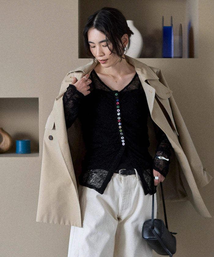 Many Button Lace Shirring Cardigan