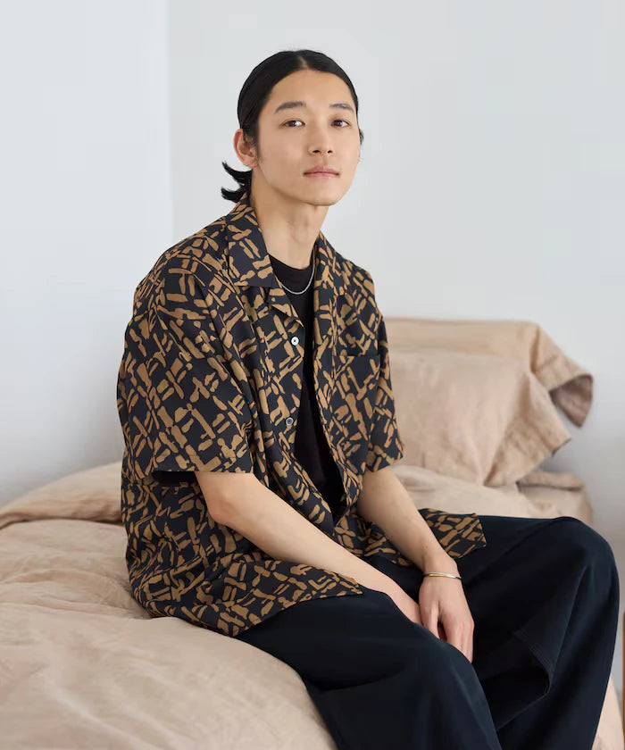 Mesh Open Collar Pattern Short Sleeve Shirt / Allover Design Open Collar Shirt / Big Silhouette