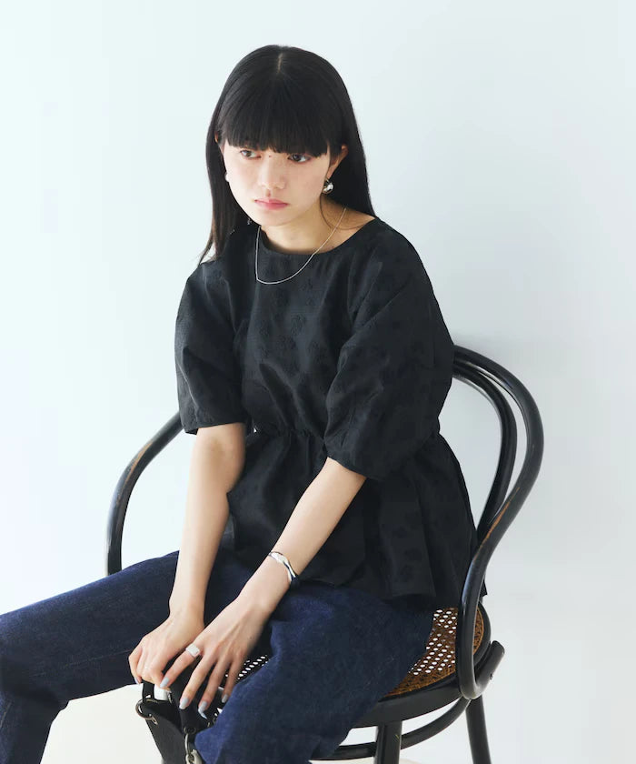 Flower Sheer Jacquard Volume Sleeve Peplum Blouse / 5 Minutes Sleeve
