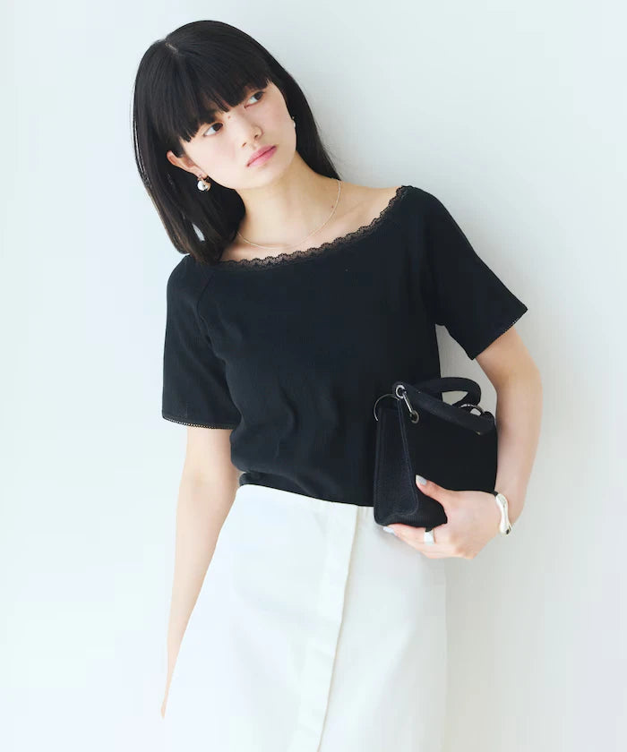 Boat Neck Pullover Knit Lace T-Shirt
