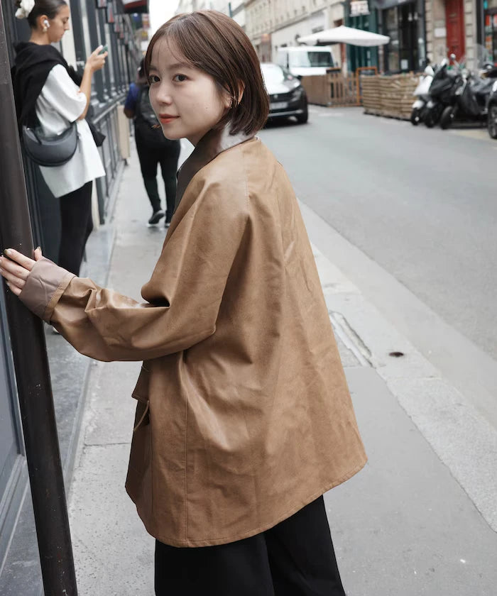 Oversized leatherette blouson / Mixed material switching