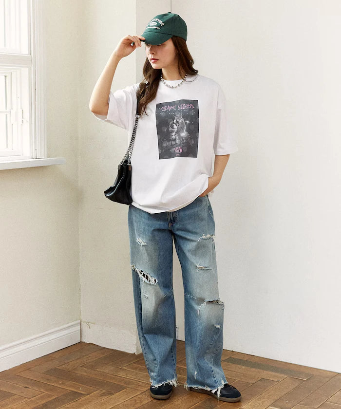 <Functional Material> MIAMI NIGHTS Cat Photo T-shirt Limited Edition