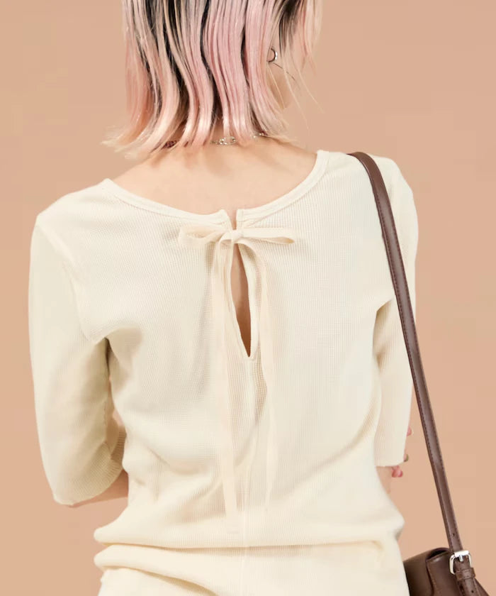 Ribbon Tied 2WAY Waffle 5 Sleeve T-Shirt