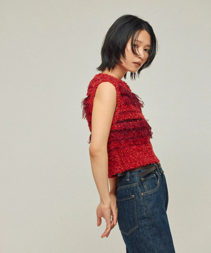 Mixed Material Fringe Knit Vest / Striped Knit Gilet