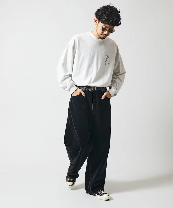 Flocked Denim Contrast Wide Straight Pants