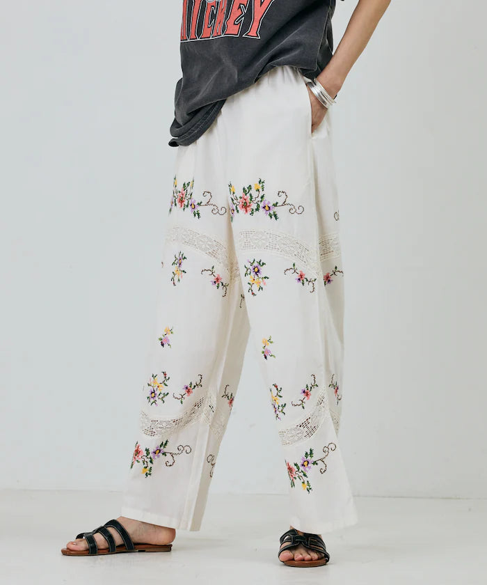India Flower Cross Embroidery Lace Pants