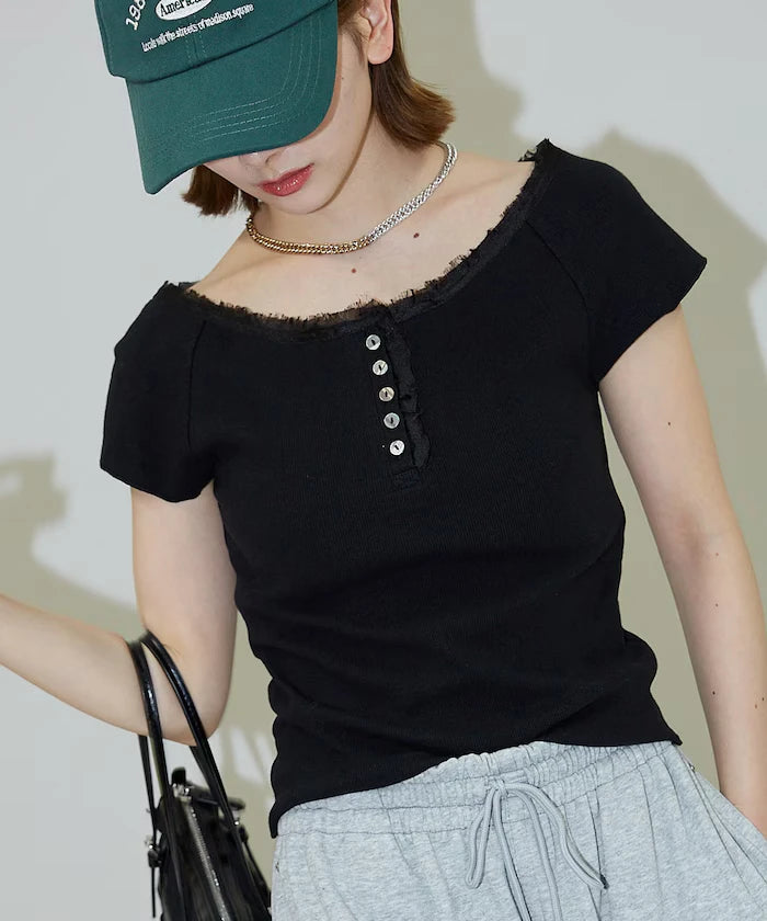 Collar Lace Contrast Henry Rib T-Shirt