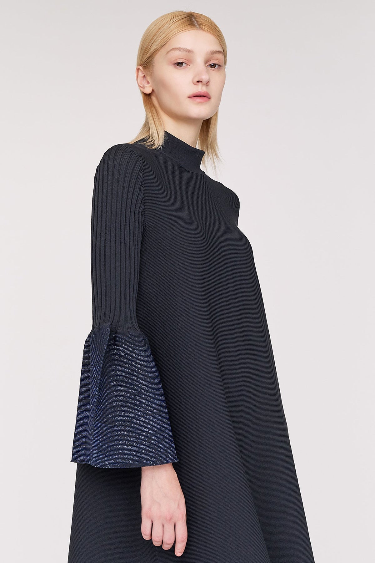 POTTERY GLITTER MOCKNECK LONG BELL SLEEVE FLARE DRESS