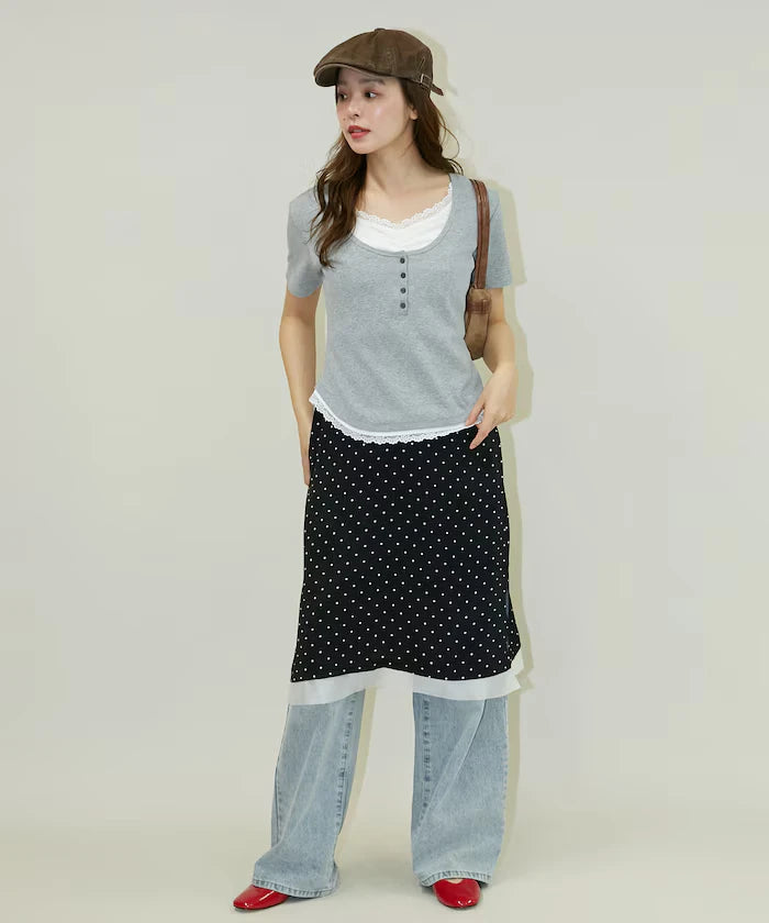 Short Sleeve Lace Layered Style Henley Neck T-Shirt Limited Edition